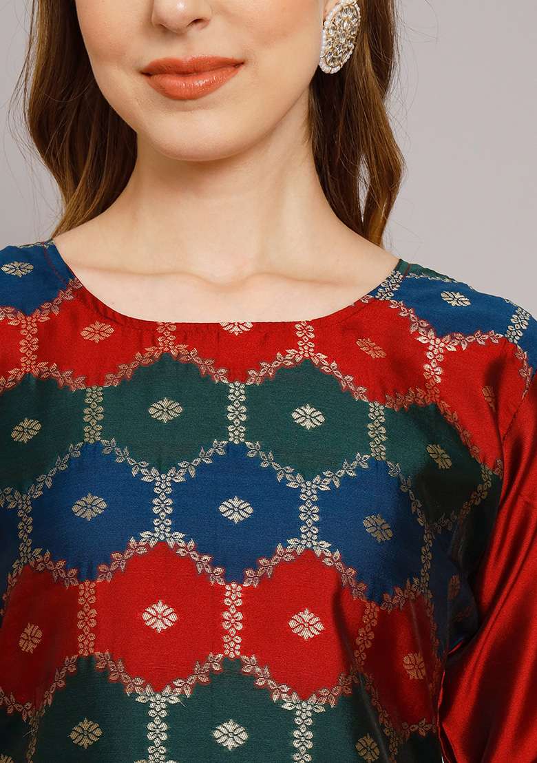 Maroon Jacquard Silk Blend Straight Kurta Set - Indya