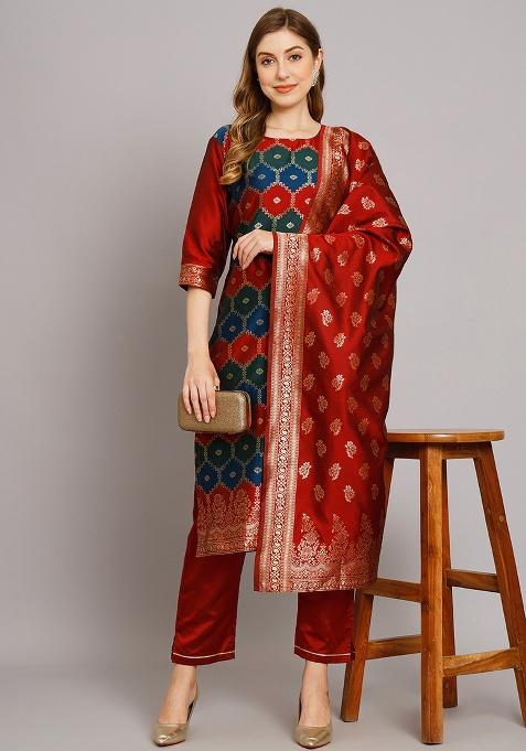 Maroon Motif Silk Kurta Set