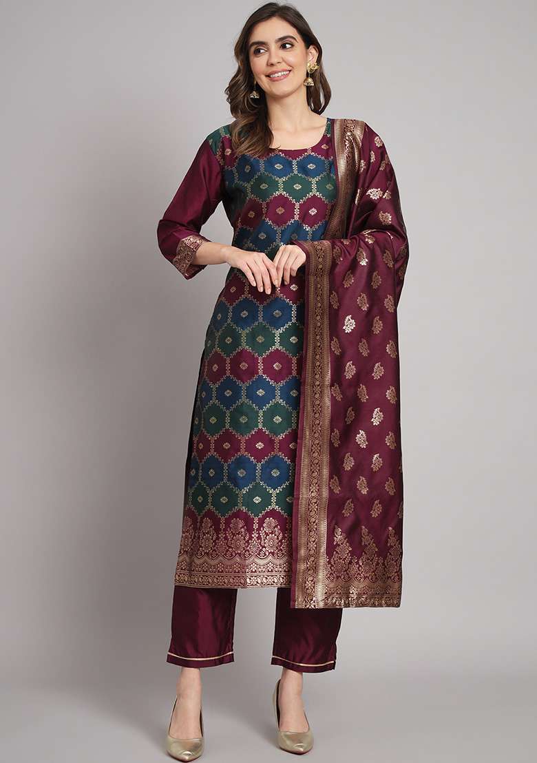 Purple Jacquard Silk Blend Straight Kurta Set - Indya