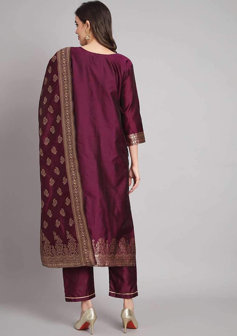 Purple Jacquard Silk Blend Straight Kurta Set - Indya