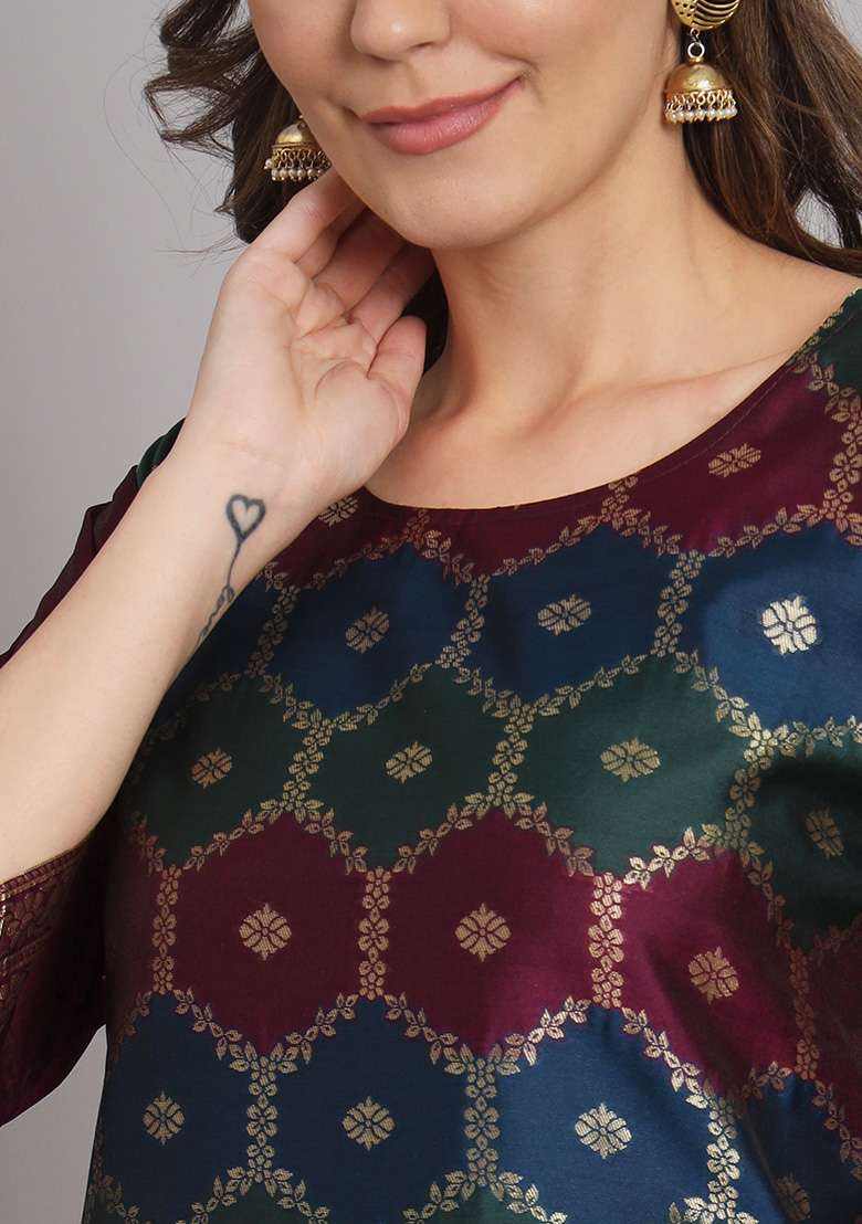 Purple Jacquard Silk Blend Straight Kurta Set - Indya