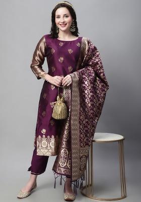 Purple Jacquard Silk Straight Kurta Set