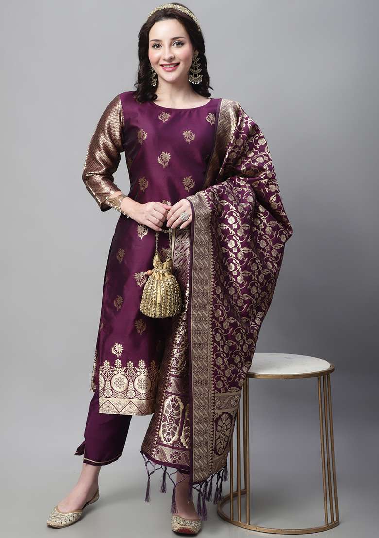 Purple Jacquard Silk Straight Kurta Set - Indya