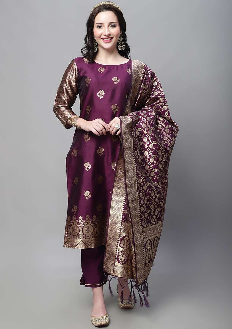Purple Jacquard Silk Straight Kurta Set - Indya