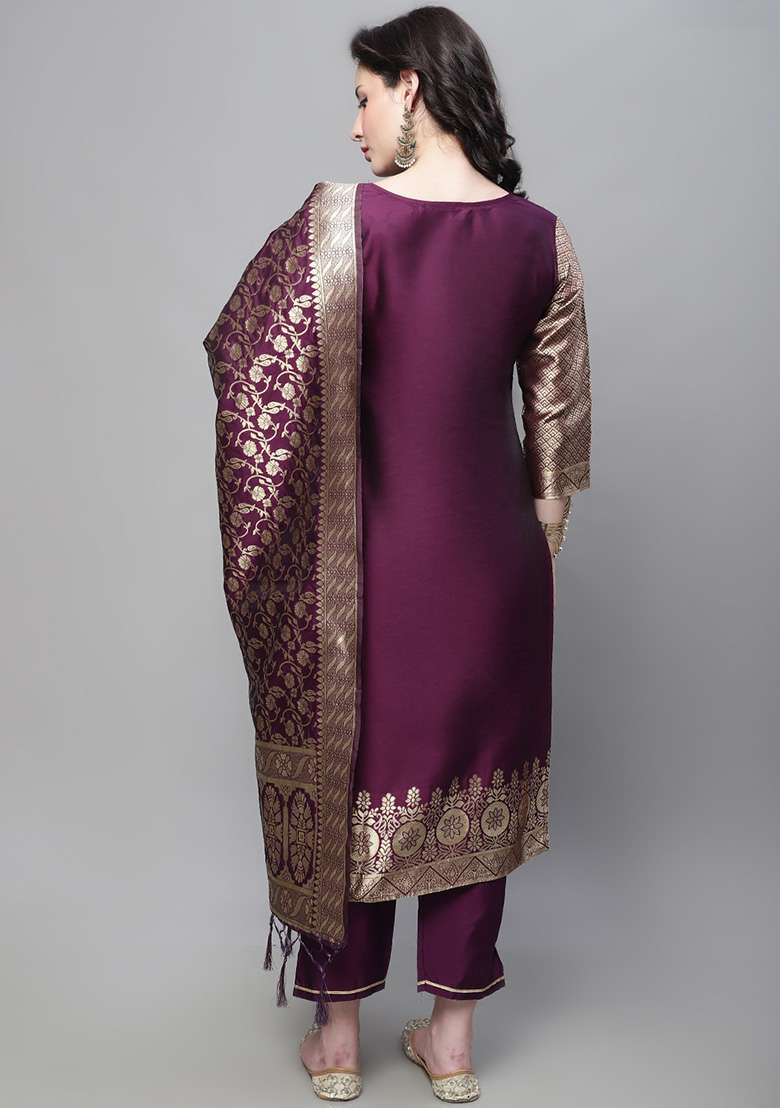 Purple Jacquard Silk Straight Kurta Set - Indya