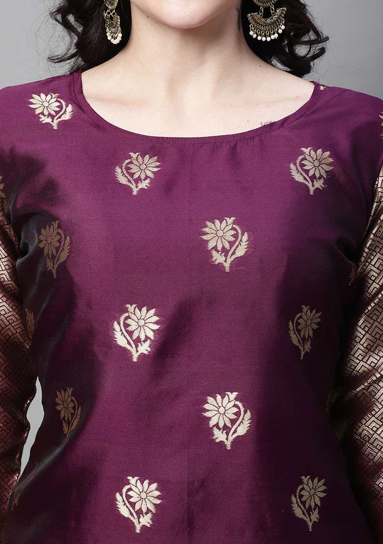 Purple Jacquard Silk Straight Kurta Set - Indya