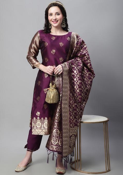Purple Motif Silk Kurta Set