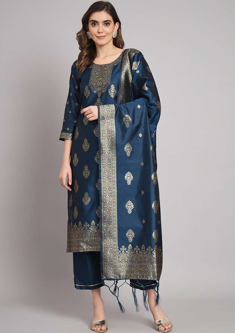 Navy Blue Jacquard Silk Blend Straight Kurta Set - Indya