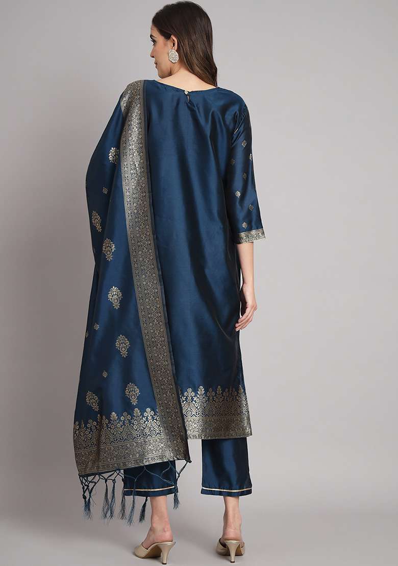 Navy Blue Jacquard Silk Blend Straight Kurta Set - Indya