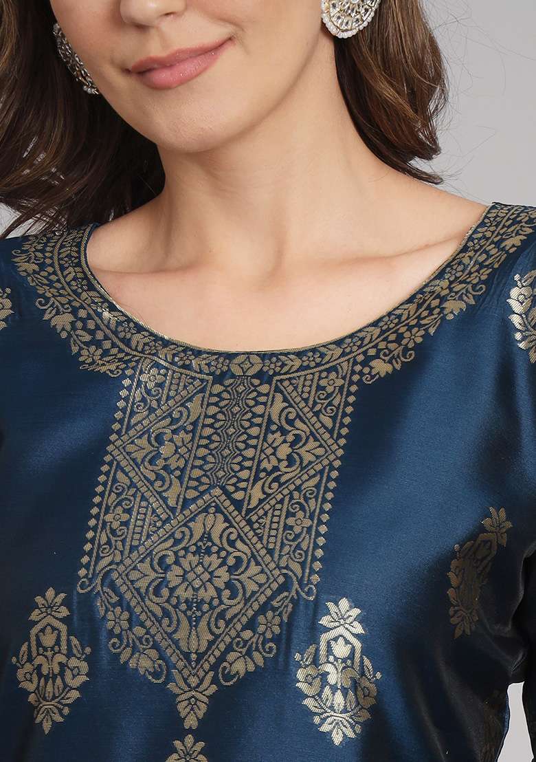 Navy Blue Jacquard Silk Blend Straight Kurta Set - Indya
