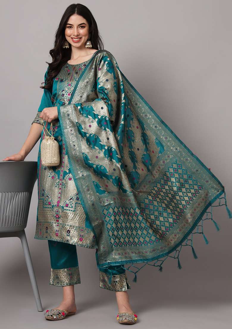 Rama Blue Jacquard Silk Blend Straight Kurta Set - Indya