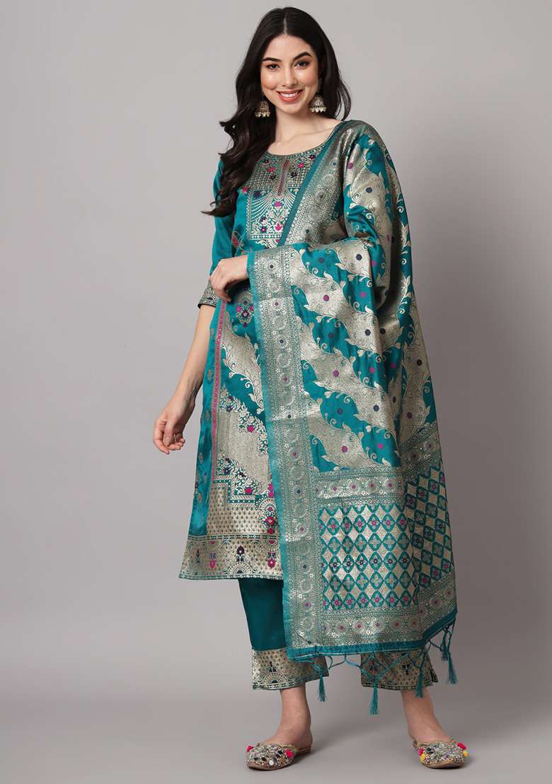 Rama Blue Jacquard Silk Blend Straight Kurta Set - Indya