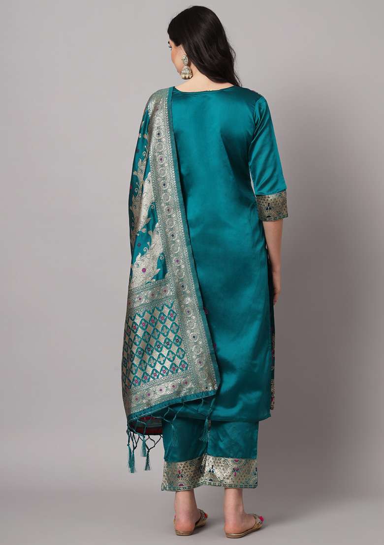 Rama Blue Jacquard Silk Blend Straight Kurta Set - Indya