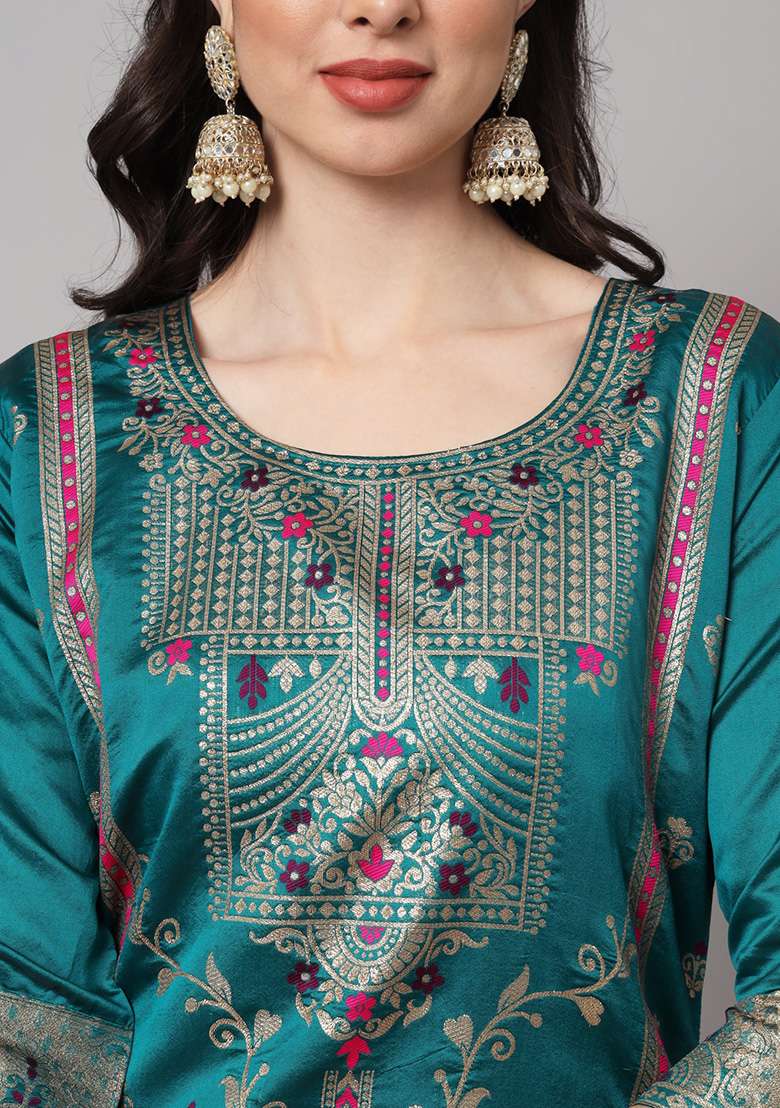 Rama Blue Jacquard Silk Blend Straight Kurta Set - Indya