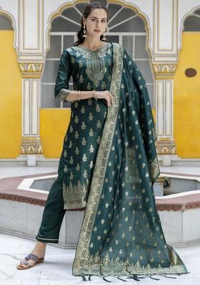 Green Embroidered Silk Blend Straight Kurta Set