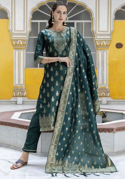 Green Motif Silk Kurta Set