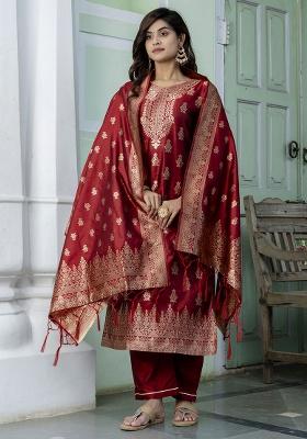 Maroon Zari Work Silk Blend Straight Kurta Set