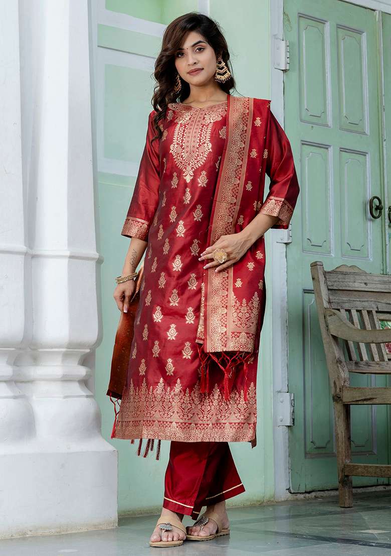 Maroon Zari Work Silk Blend Straight Kurta Set - Indya