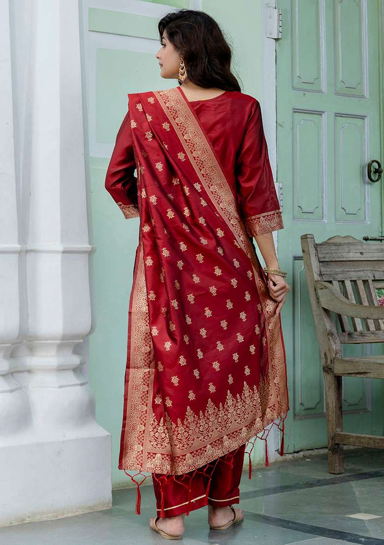 Maroon Zari Work Silk Blend Straight Kurta Set - Indya