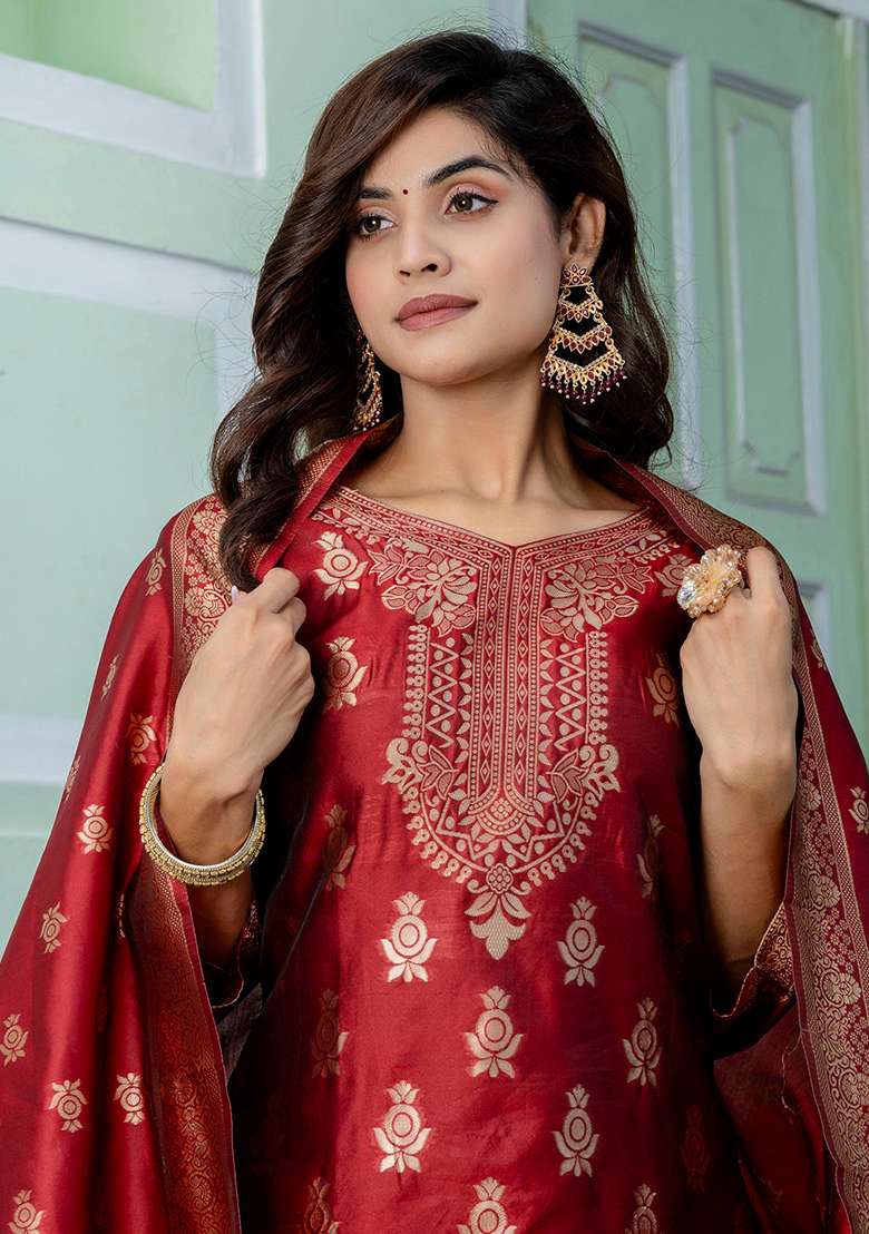 Maroon Zari Work Silk Blend Straight Kurta Set - Indya