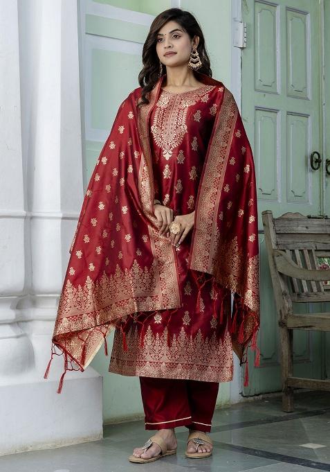 Maroon Motif Silk Kurta Set