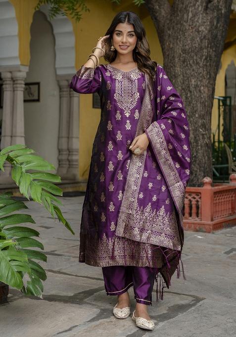 Purple Motif Silk Kurta Set