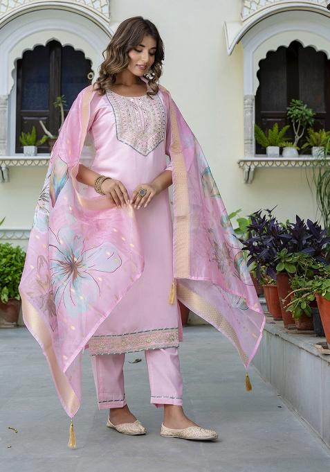 Pink Motif Silk Kurta Set