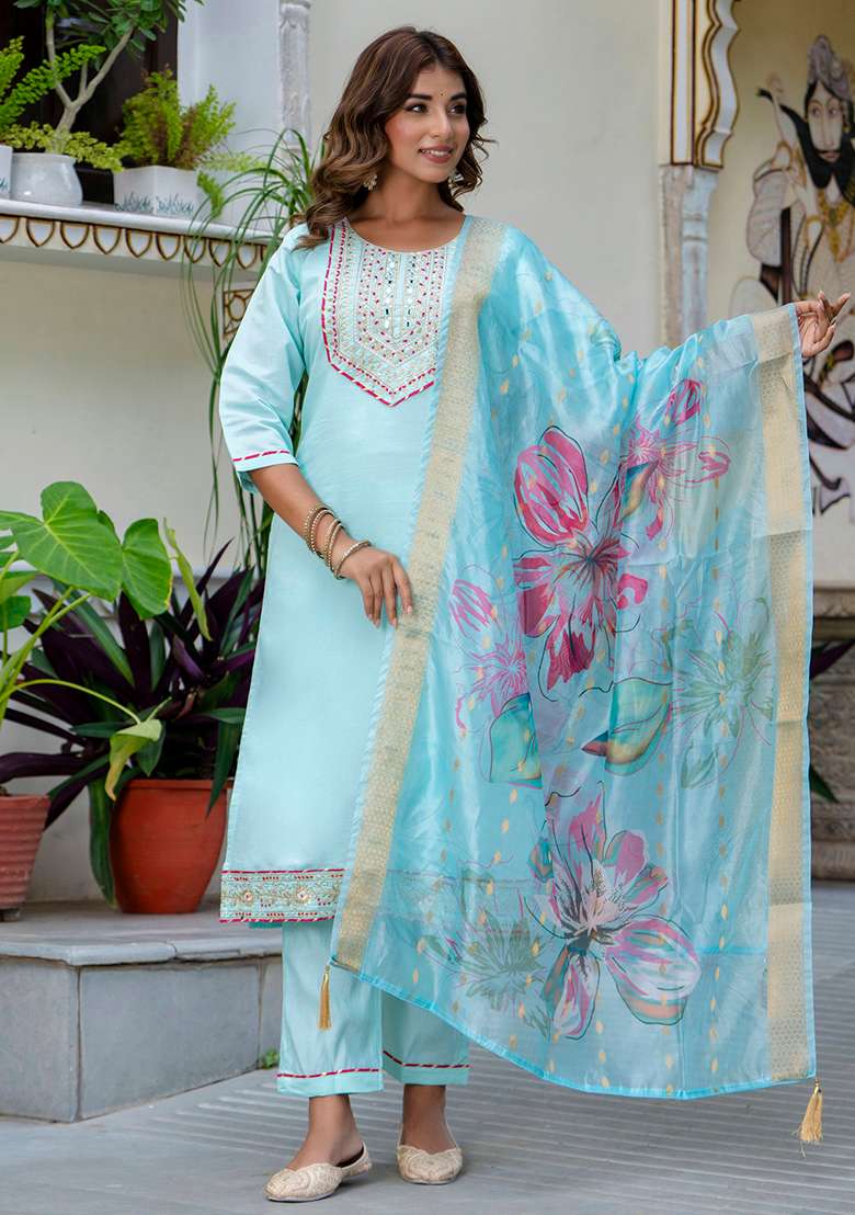 Sky Blue Embroidered Silk Blend Straight Kurta Set - Indya