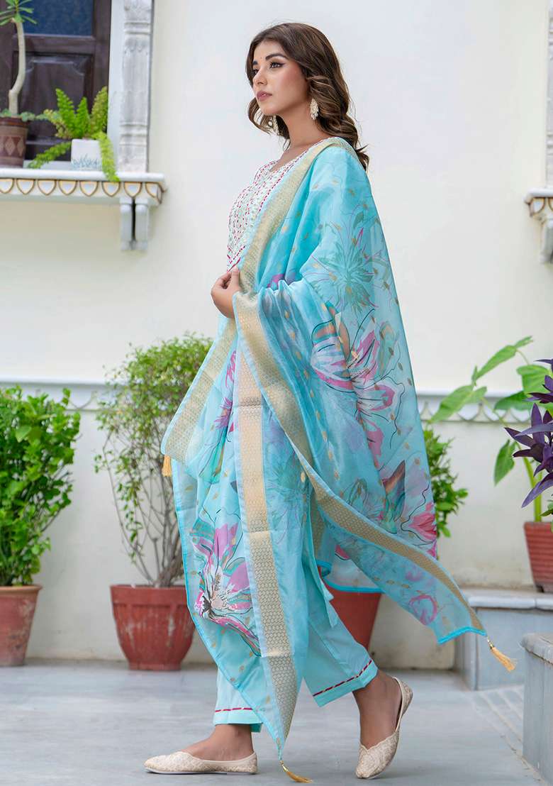 Sky Blue Embroidered Silk Blend Straight Kurta Set - Indya