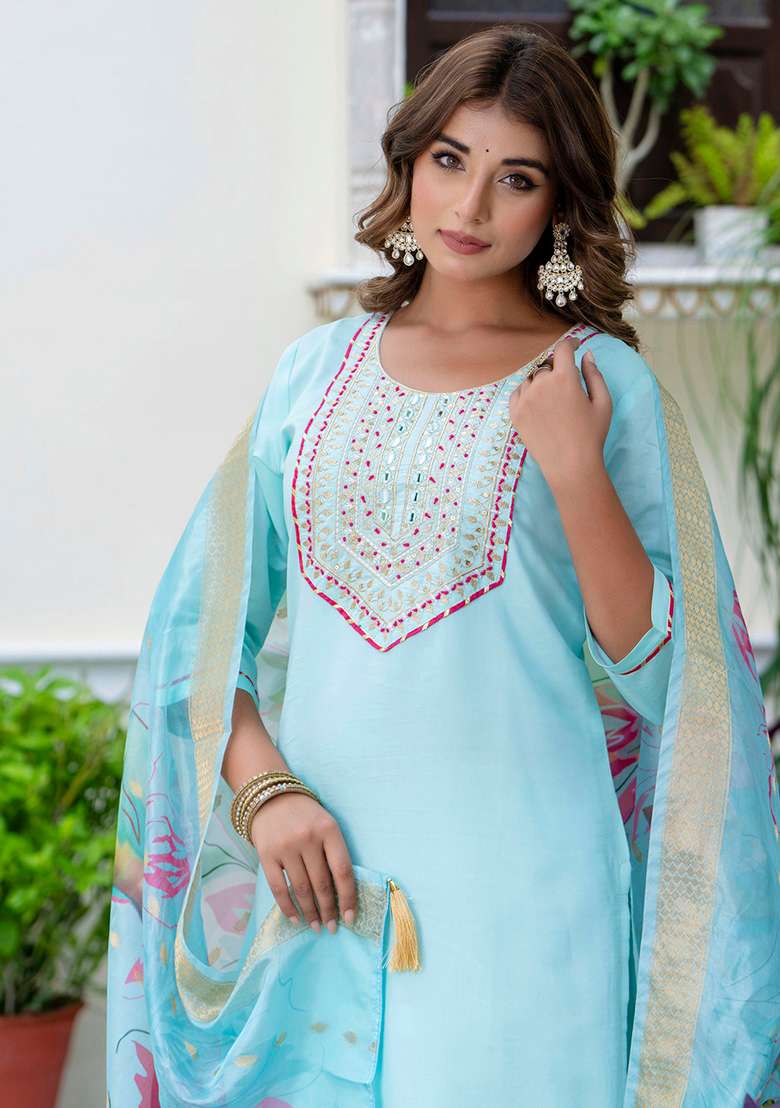 Sky Blue Embroidered Silk Blend Straight Kurta Set - Indya