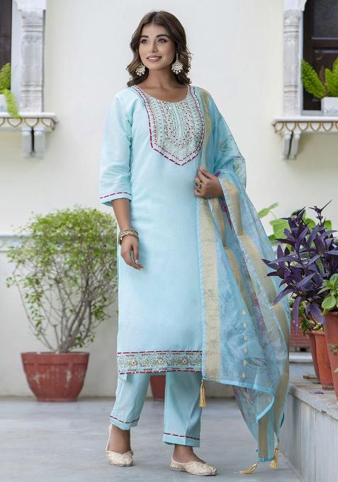 Sky Blue Motif Silk Kurta Set