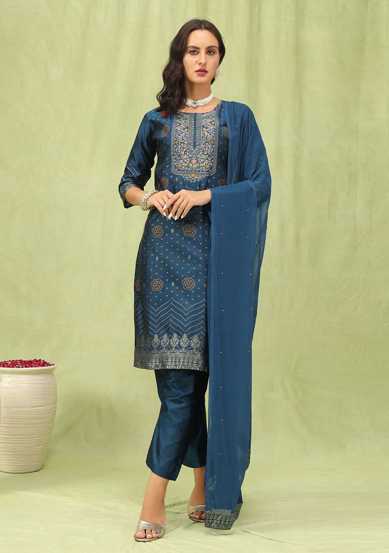 Blue Embroidered Silk Blend Straight Kurta Set - Indya
