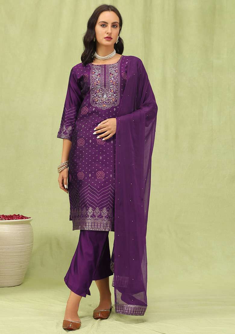 Purple Embroidered Silk Blend Straight Kurta Set - Indya