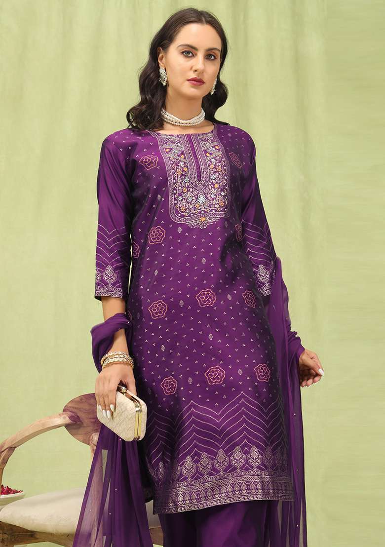 Purple Embroidered Silk Blend Straight Kurta Set - Indya