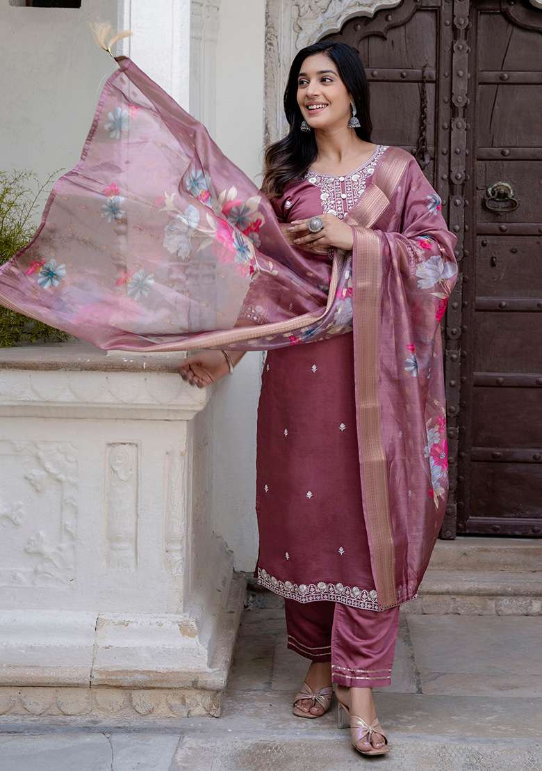 Mauve Embroidered Silk Blend Straight Kurta Set - Indya