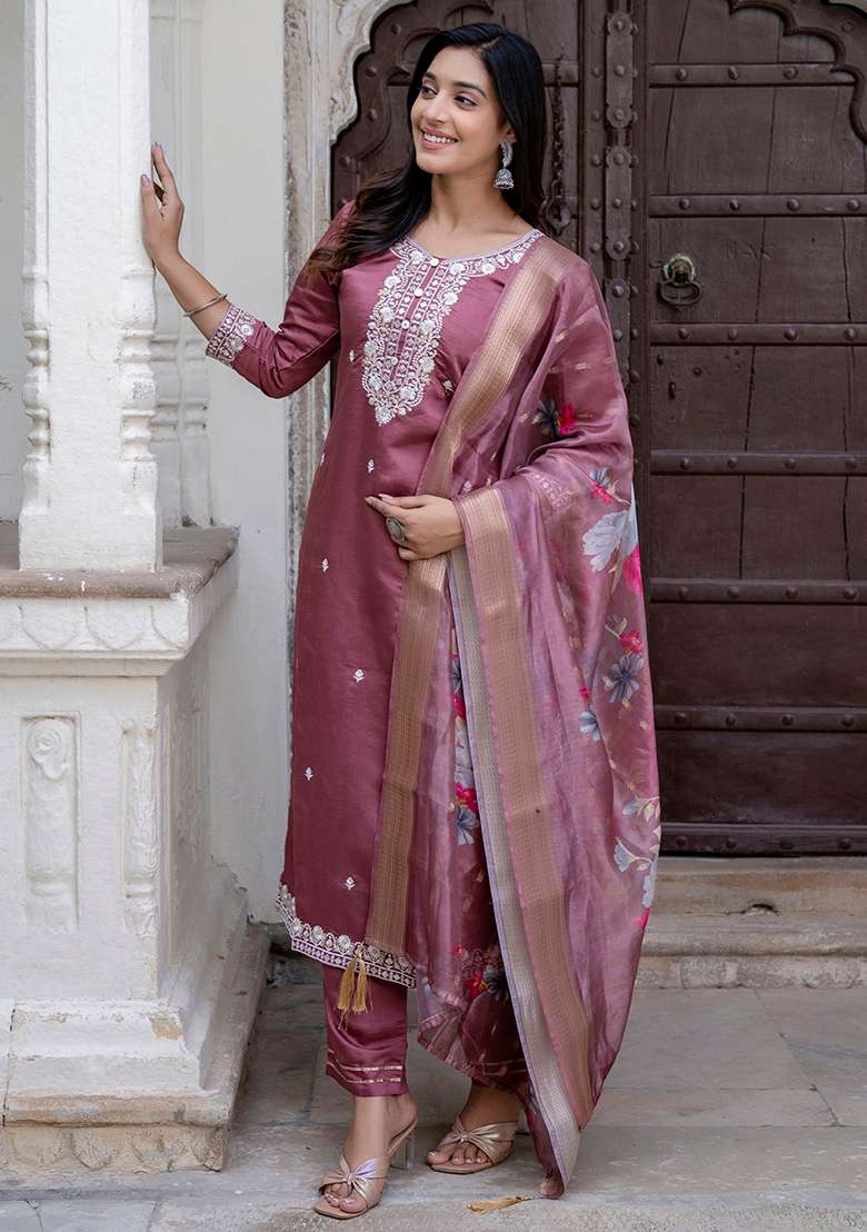 Mauve Embroidered Silk Blend Straight Kurta Set - Indya