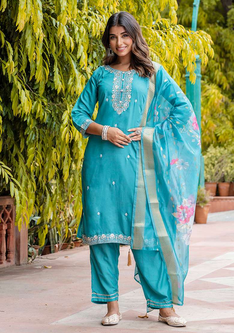 Blue Embroidered Silk Blend Straight Kurta Set - Indya