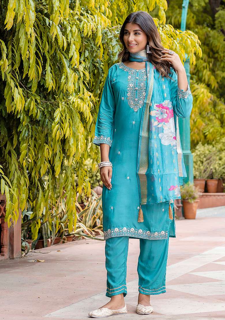 Blue Embroidered Silk Blend Straight Kurta Set - Indya