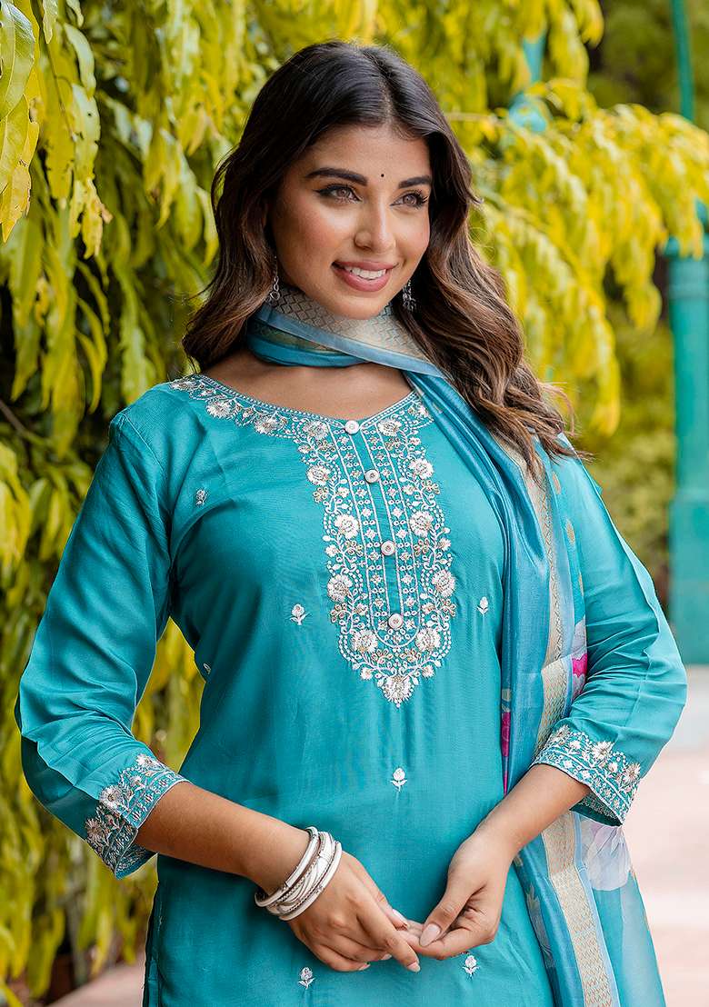 Blue Embroidered Silk Blend Straight Kurta Set - Indya