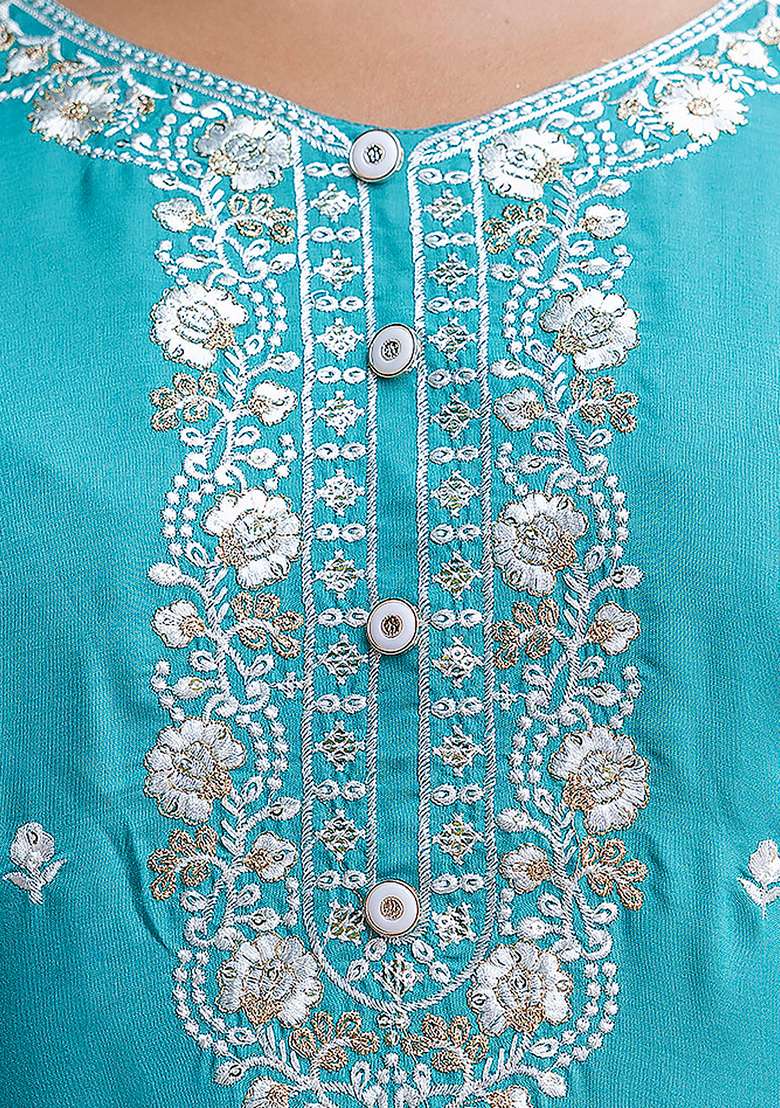 Blue Embroidered Silk Blend Straight Kurta Set - Indya