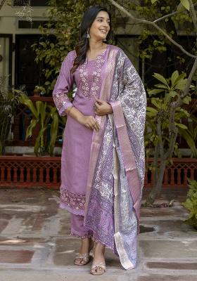 Lavender Embroidered Silk Straight Kurta Set