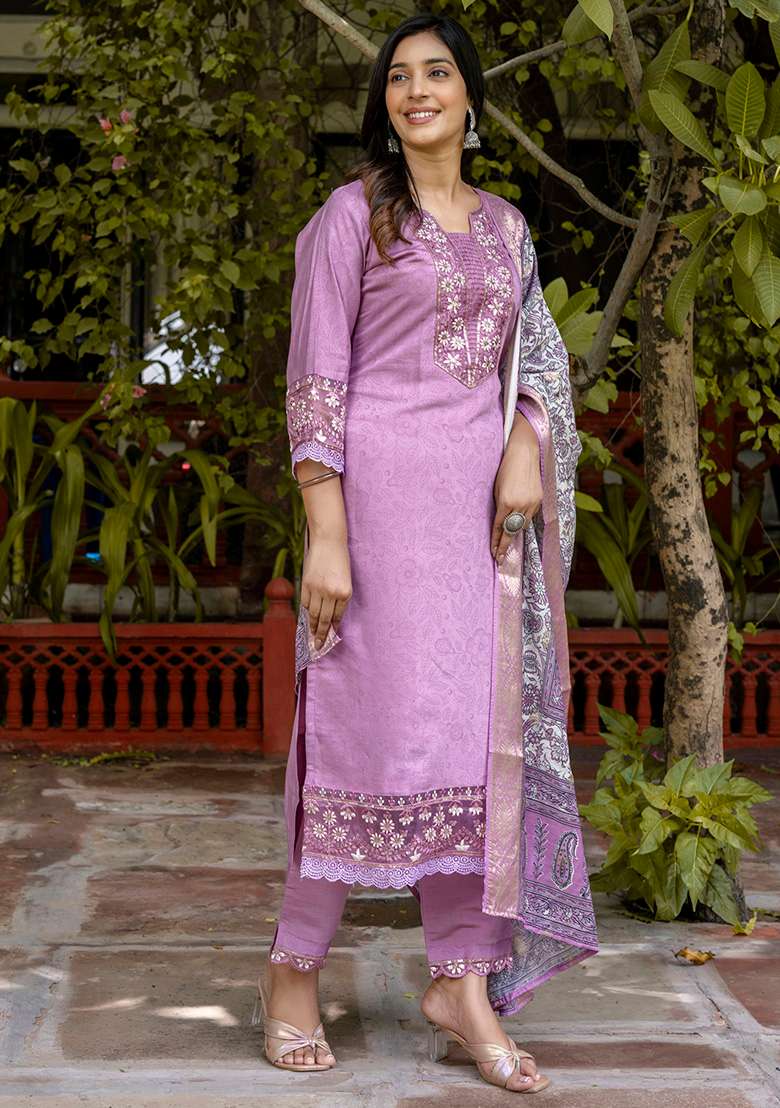 Lavender Embroidered Silk Blend Straight Kurta Set - Indya
