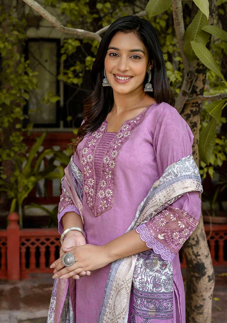 Lavender Embroidered Silk Blend Straight Kurta Set - Indya