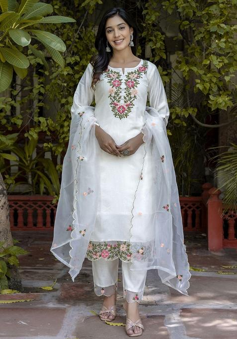 White Motif Silk Kurta Set