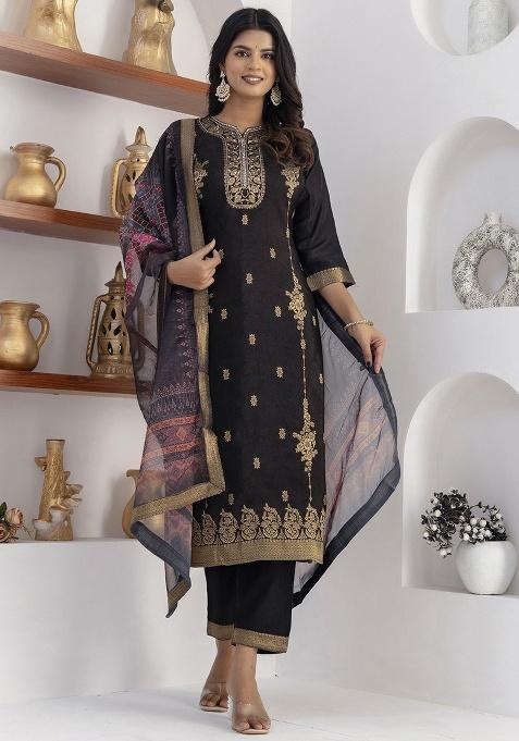 Black Motif Jacquard Kurta Set