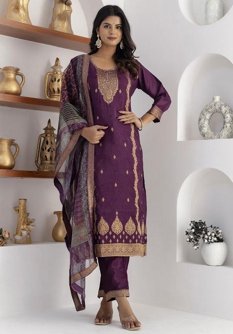 Purple Motif Jacquard Kurta Set