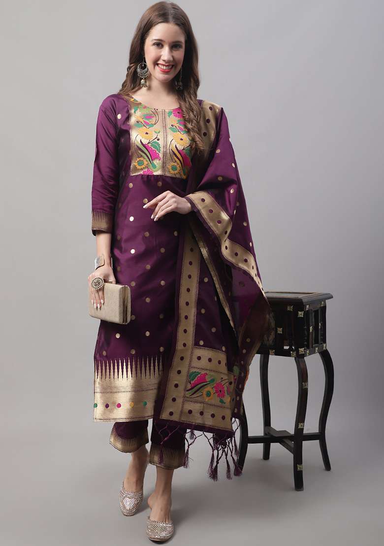 Purple Embroidered Silk Blend Straight Kurta Set - Indya