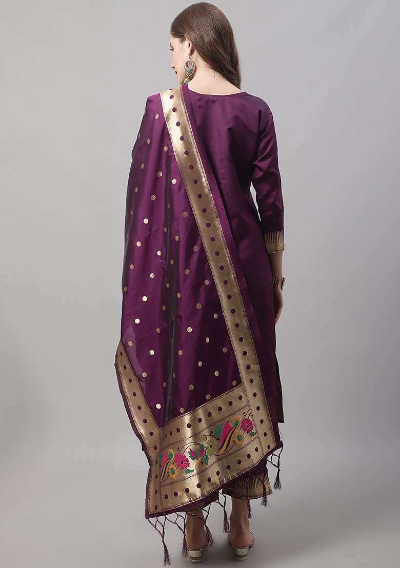 Purple Embroidered Silk Blend Straight Kurta Set - Indya