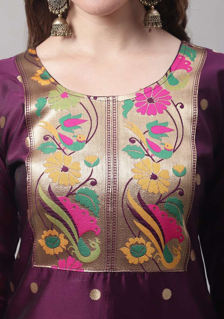 Purple Embroidered Silk Blend Straight Kurta Set - Indya