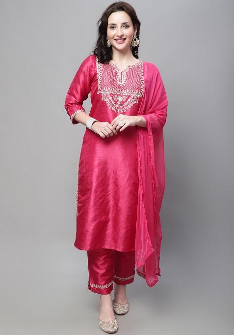 Pink Motif Silk Kurta Set